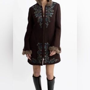 Mango (MNG) Embroidered Brown Wool-Blend Coat with Faux Fur Trim